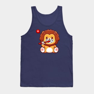 Cute Lion Brushing Teeth Cartoon Tank Top